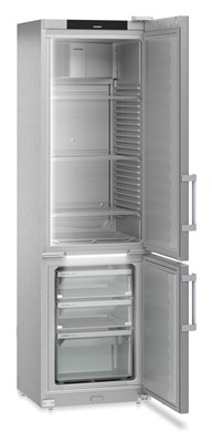 Kombinovaná chladiaca skriňa s mrazničkou, plné dvere, nerez, 267 l + 110 l